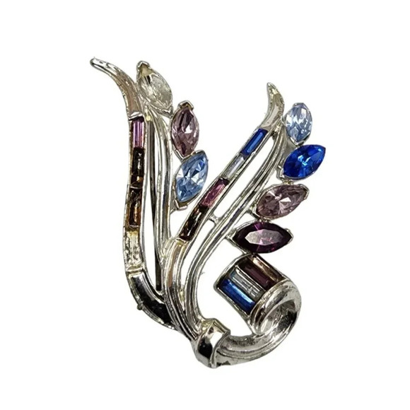 Vintage Jewelry - Vintage 60s-70s Multicolor Crystal Spiral Brooch Pin Silver Tone